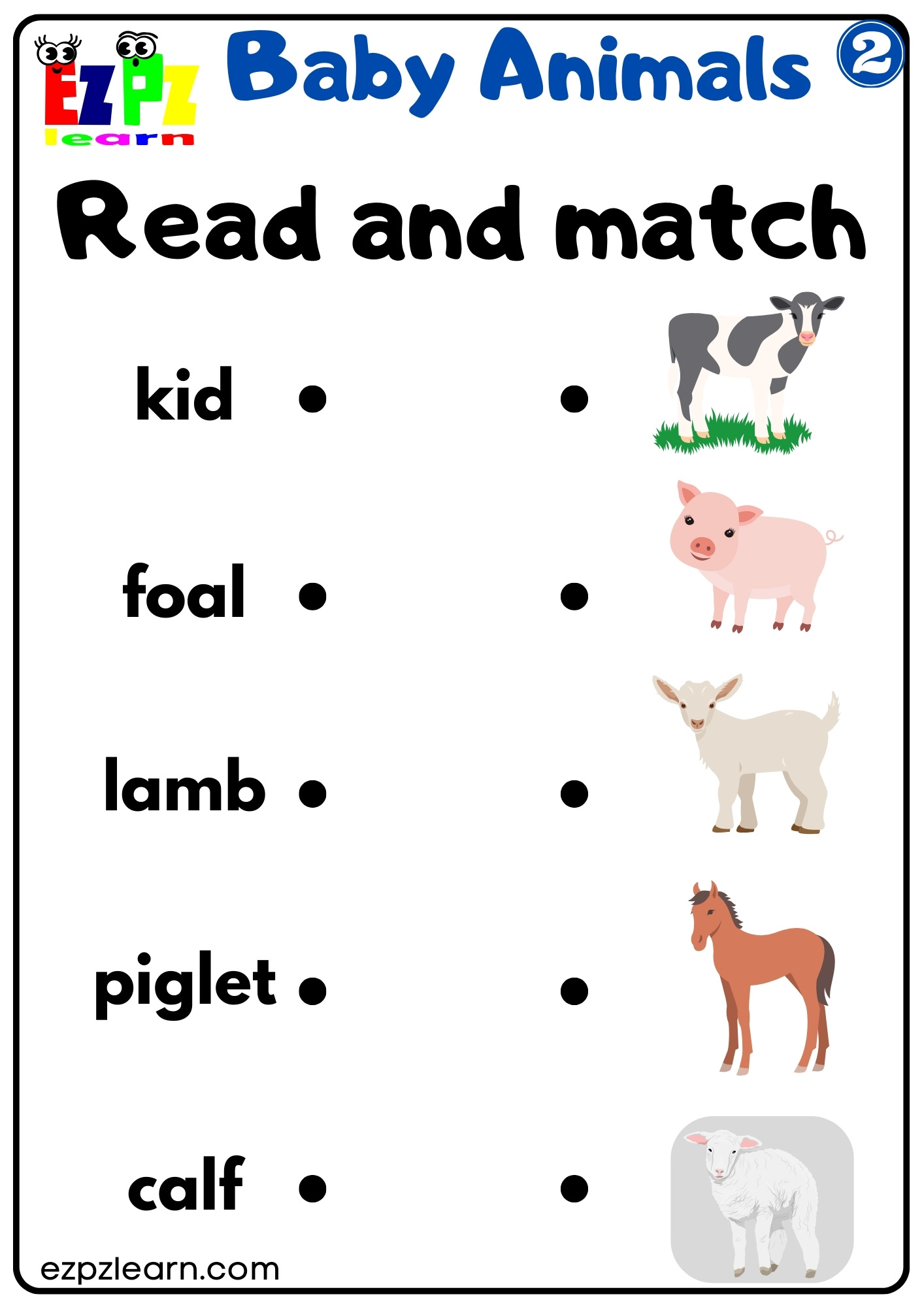 Baby Animals Vocabulary Read and Match Activity for English Language Learners, Preschool and Kindergarten Students Free Download 2